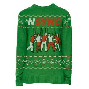 Vintage 2017 NSYNC Christmas Sweater Full Knit Green Holiday Boy Band Sweatshirt